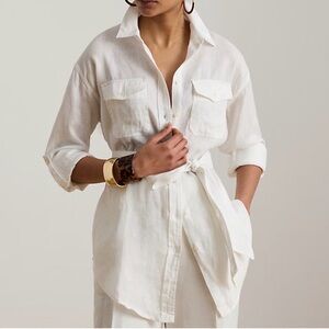 Lauren Ralph Lauren White Linen Button-Down Shirt with Self Tie